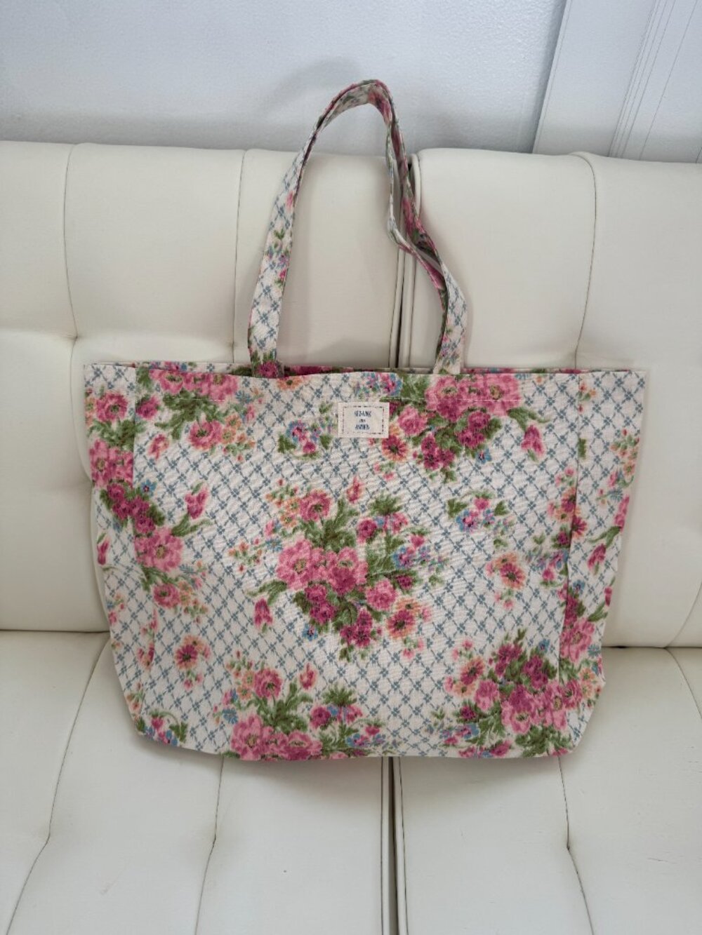 Sézane x Andion limited edition canvas tote, blue plaid pink floral print, NWOT